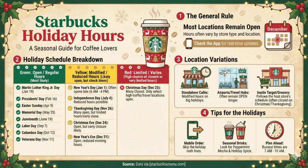 Plan your festive coffee runs! See the full schedule for all Starbucks holiday hours and special closures.