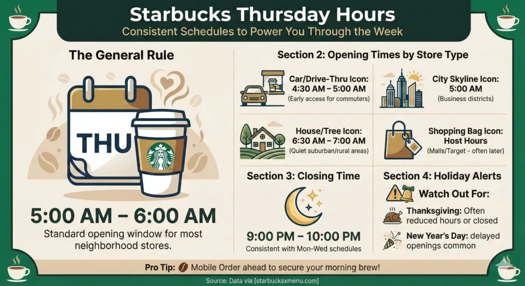 Friendly baristas ready to serve! Check our Thursday opening hours here and plan your perfect Starbucks visit.