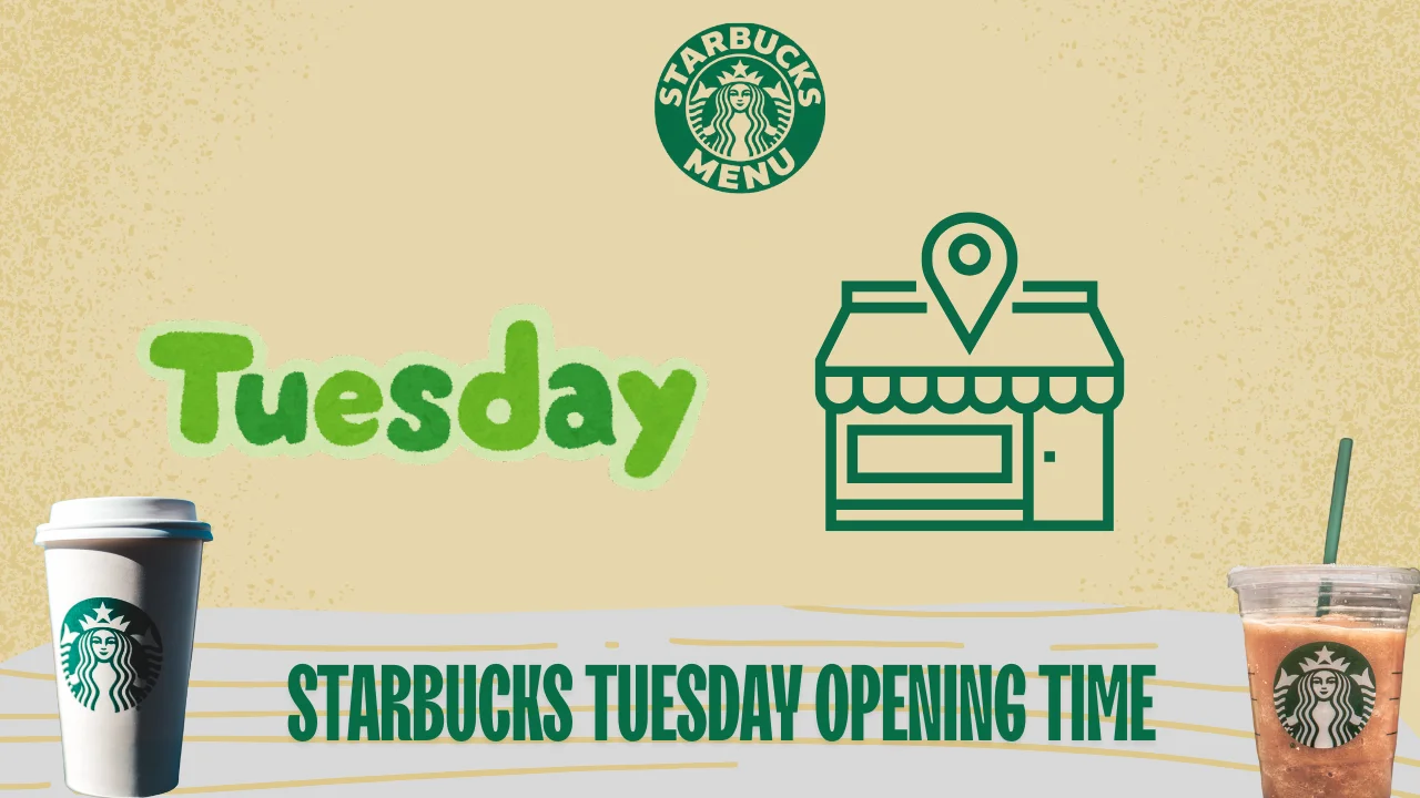 A barista smiles in a busy Starbucks store, with a clock displaying opening times for Tuesday. Find your store's hours!